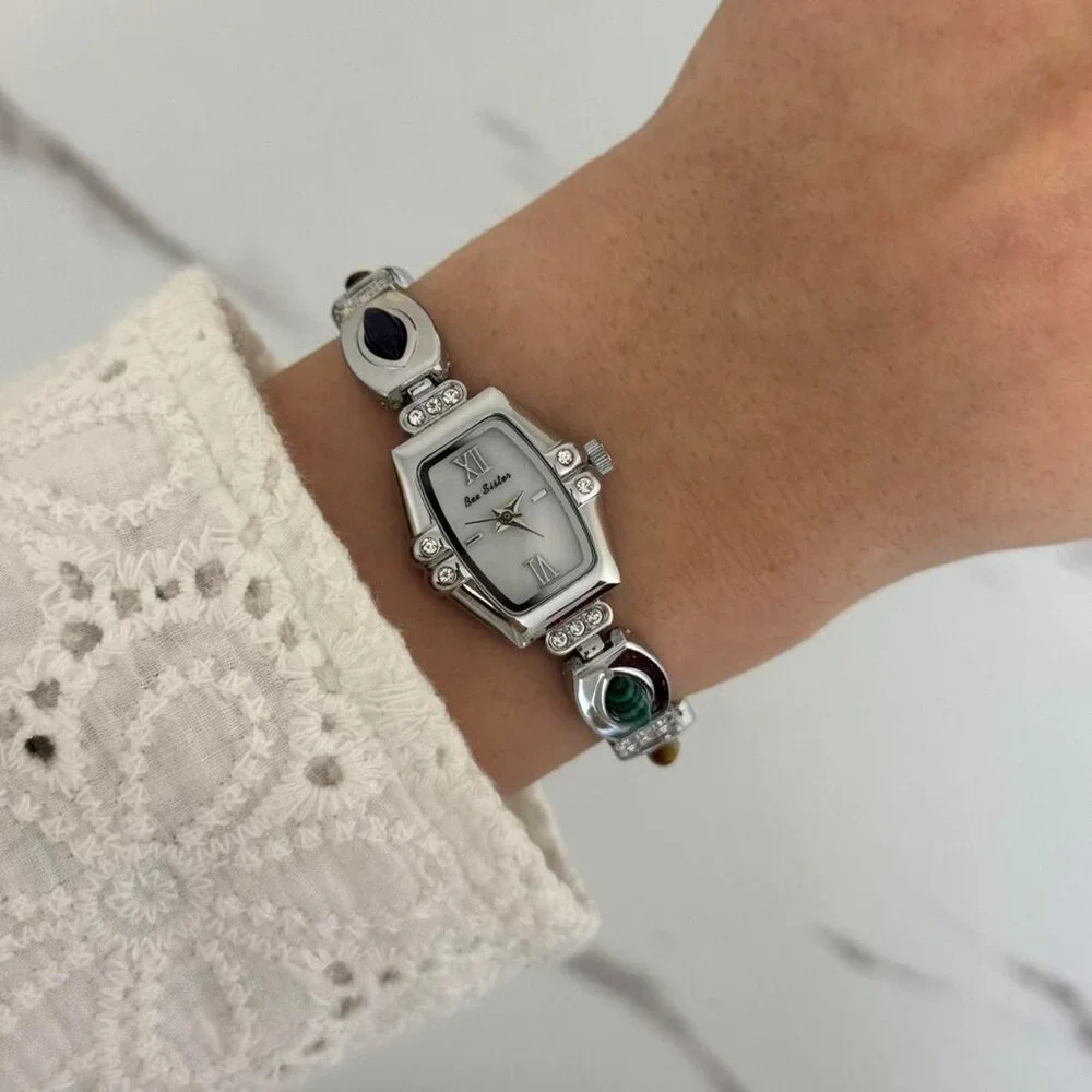 Sku0320‎ Casual Women Silver/Multicoloured Gemstones Fashion Watch + gift bag
